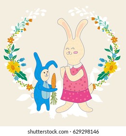 Mothers day greeting card.Baby rabbit gives mom carrots,Wreath of flowers.Cute hand drawn animal characters for kids design.