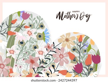 Mother's day greeting card,Beautiful blossom flowers frame on white heart paper cut on pink background,Vector illustration backdrop of cute blooming flora frame, Flat design of Beautiful botanical