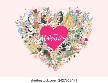 Mother's day greeting card,Beautiful blossom flowers frame on white heart paper cut on pink background,Vector illustration backdrop of cute blooming flora frame, Flat design of Beautiful botanical