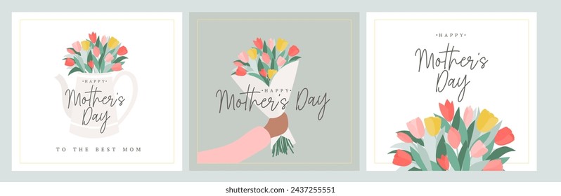 Mother's day greeting cards with beautiful tulips. Cartoon flat style bouquets with hands and cute kettle. Cute and cozy spring design template set for poster, invitation, banner. Vector illustration