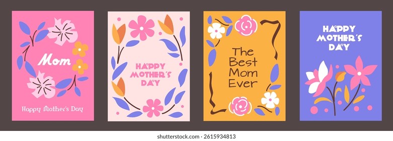 Mother's day greeting cards with beautiful blossom flowers on colorful background. Creative cards with topography text.