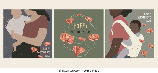 Mother's Day greeting cards collection with flowers bouquet, white mom holding a baby in her arms and black mom with baby carrier on backs. Square templates for ads, social media and more in flat syle