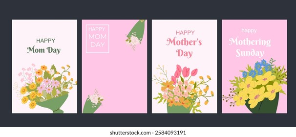 Mother's day greeting cards with floral designs celebrating mom day and mothering sunday.