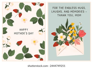 Mother's Day. Greeting cards for mom. Mom. Flowers and berries. Vector illustration of an envelope with flowers and strawberries. Frame with flowers and berries