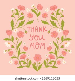 Mother's day greeting cards with pink flowers and thank you mom lettering 