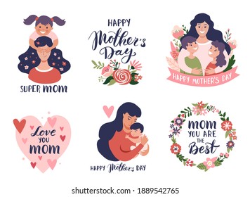 Mother's day greeting cards, posters set with mom and baby, calligraphy text. Hand drawn vector illustration set.