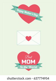 Mother's Day greeting cards, Red heart shaped and green ribbon vector