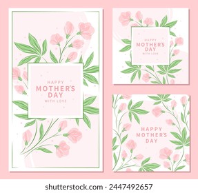 Conjunto de tarjetas de felicitación del Día de la Madre. Hermosas flores en colores pastel. Diseño de Ilustración vectorial para Anuncio o póster