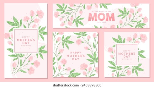 Mother's Day greeting cards set. Beautiful flowers in pastel colors. Vector illustration design for banner or poster