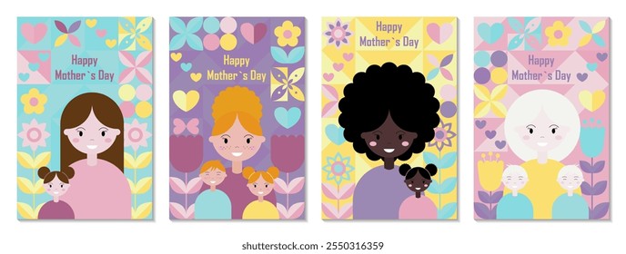 Mother's Day greeting cards set. Happy mom with kid. Scandinavian mosaic. Floral spring modern pattern. Brutalism minimal geometric design. Vector illustration