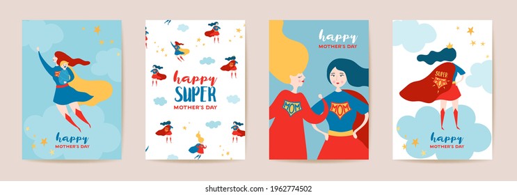 Mothers Day Greeting Cards with Super Mom. Superhero Mother Character in Red Cape Design Template for Mother Day Poster, Party Banner. Vector flat cartoon illustration