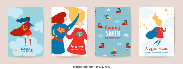 Mothers Day Greeting Cards with Super Mom. Superhero Mother Character in Red Cape Design Template for Mother Day Poster, Party Banner. Vector flat cartoon illustration
