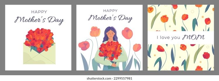 Mother's Day greeting cards with tulips. I love you Mom card. Set of background with vector tulips. Woman with a bouquet of flowers. Tulips in an envelope. Tulips pattern.