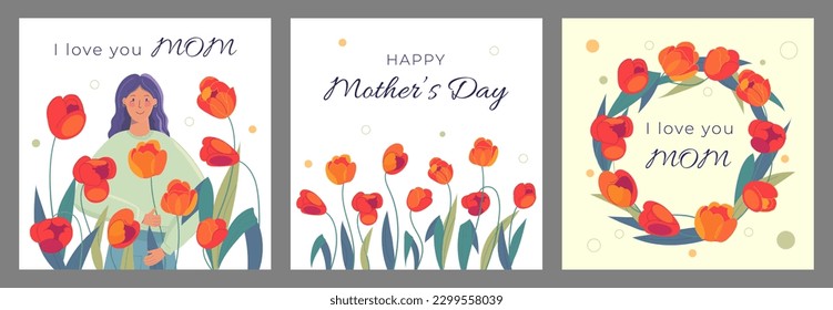 Mother's Day greeting cards with tulips. I love you Mom card. Set of background with vector tulips. Girl with tulips.Vector elements of a red flower.