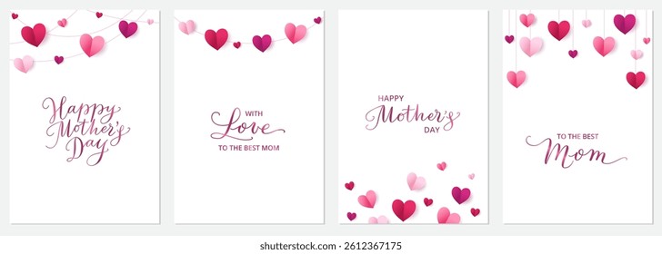 Mother's day greeting cards. Vertical banners. Pink paper hearts decoration. Mothers day calligraphy. Love frame, border. String ornaments isolated on white background. Vector.