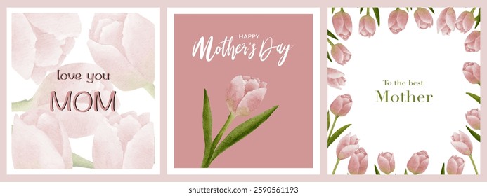 Mother's day greeting card,Set Pink Tulips watercolour border on white background,Vector illustration horizontal backdrop of cute blooming Spring flora frame,Flat design banner of Beautiful botanical