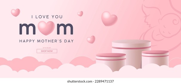 Mother's Day greeting design. Vector banner with baby and flying pink hearts. Love symbols on pink background.