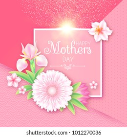 Mothers Day Greeting and Invitation with Soft Flowers. Cute Card Design Template for Birthday, Anniversary, Wedding, Baby and Bride Shower and so on. Vector illustration