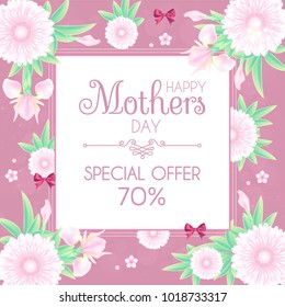 Mothers Day Greeting and Invitation with Soft Flowers. Cute Card Design Template for Birthday, Anniversary, Wedding, Baby and Bride Shower and so on. Vector illustration