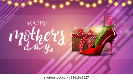 Mother's day greeting pink card with garland, beautiful lettering and women's Shoe with tulips inside