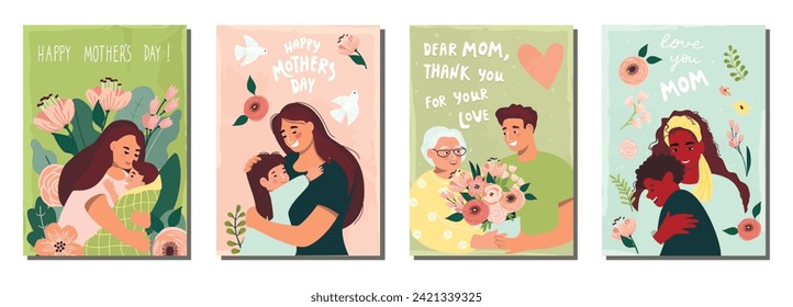 Mother's Day greeting postcard collection with womens and child cartoon illustration.Posters set with characters of different ages,floral composition,birds and hand lettering.Spring summer templates.