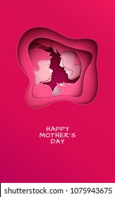 Mother's day greeting poster, abstract cut shape on red background. Woman & baby silhouettes, congratulation text. Pink design element for holiday banner, flyer. Paper cut style, vector illustration