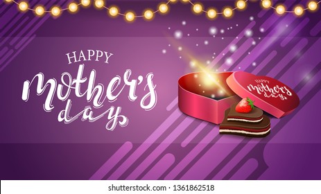 Mother's day greeting purple card with garland, beautiful lettering, gift in the shape of a heart and candy