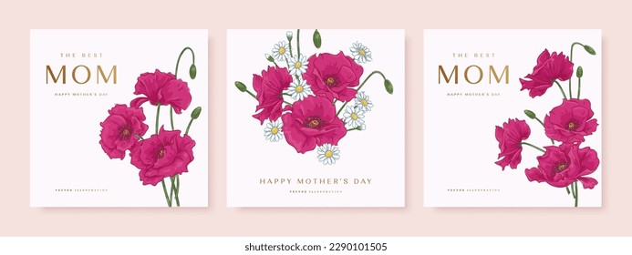 Mother's day greeting square background with hand drawn pink poppies. Vector illustration for poster, card, promotional materials, website