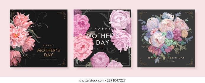 Mother's day greeting square background set with hand drawn flowers. Vector illustration for poster, card, promotional materials, website