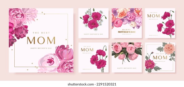 Mother's day greeting square background with hand drawn flowers. Vector illustration for poster, card, promotional materials, website