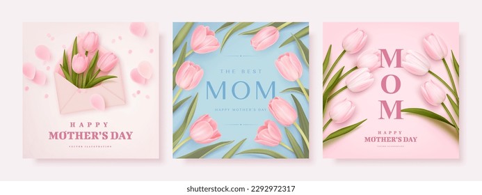 El fondo cuadrado del día de la madre con tulipanes realistas. Ilustración vectorial para afiches, tarjetas, materiales promocionales, sitio web