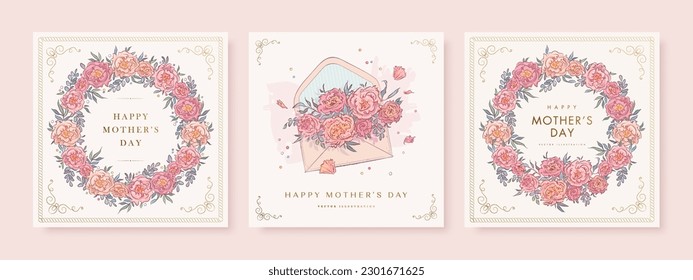 Mother's day greeting square background with hand drawn wreath, envelope, flowers and gift box. Vector illustration for poster, card, promotional materials, website