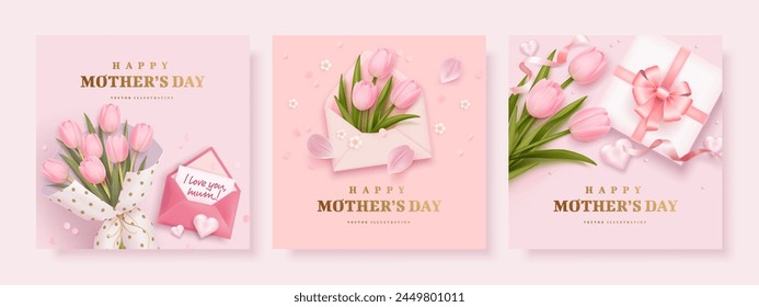 Mother's day greeting square background set with 3d tulips. gift box, envelope and golden text. Vector illustration for poster, card, promotional materials, website