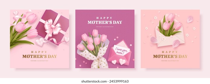 Mother's day greeting square background set with 3d tulips. gift box, envelope and golden text. Vector illustration for poster, card, promotional materials, website