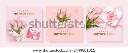 Mother's day greeting square background set with 3d tulips. gift box, envelope and golden text. Vector illustration for poster, card, promotional materials, website