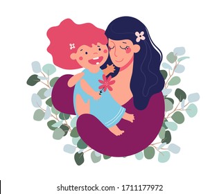 Mother's day greeting template. Mom hugs her daughter. Family and motherhood concept. Flat cartoon vector illustration