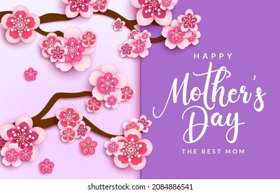 Mother's day greeting vector template design. Happy mothers day text in purple space with cherry blossom tree decoration element for the best mom celebration card. Vector illustration.
