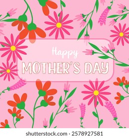 Mother's day greeting wishing card Lettering white childish text Happy Mothers day Floral design Elegant quote for poster with Mother's Day Pink red flowers on pink background Square design