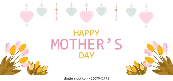 Mother's Day greetings banner with delicate spring tulips and hearts