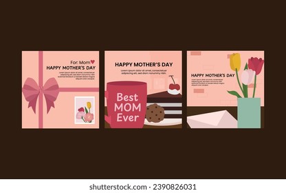 mothers day greetings gift flowers cake mug social media post in flat illustration 