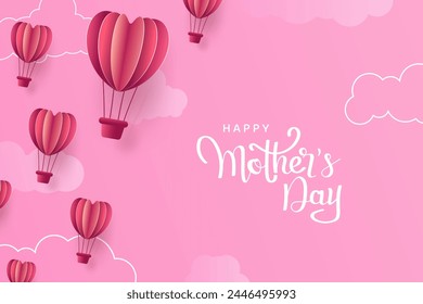 mothers day greetings, postcard, invitation card with paper cutting heart parachute on pink background