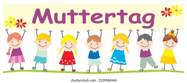 Mother's Day, group of girls and boys with German text Muttertag,  vector illustration