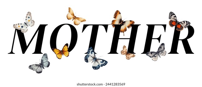 Mother's day halftone collage. Mother word in black letters decorated with realistic butterflies. Newton collage concept. Vector illustration