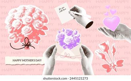 Mothers Day Halftone paper torn out collage elements set. Hands person with bouquet flowers. Trendy greeting sticker vector collection