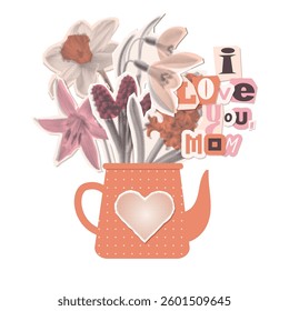 Mothers Day Halftone paper torn out collage flower elements in watering can. Spring bouquet flowers. Trendy vintage greeting sticker vector design