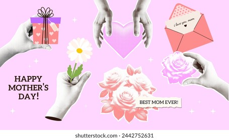 Mothers Day Halftone style paper torn out collage elements set. Creative Hands person with flowers, gift box, heart. Envelope with letter. Vector illustration collection