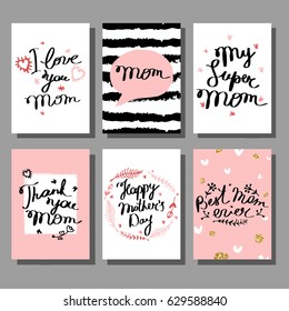 Mother's Day hand drawn lettering and elements cards set. Template, greeting card. Vector illustration