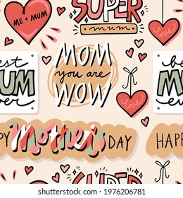 Mother's Day Hand Drawn Love Mom Quotes And Wishes With Doodle Elements Colorful Seamless Pattern On Light Background