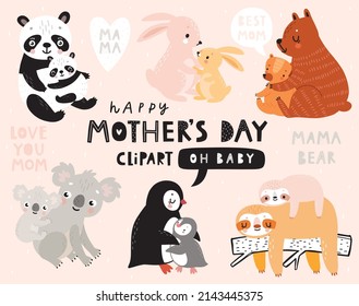 Mother's Day hand drawn style clipart. Cute animal characters - mother and baby - panda, bear, koala, sloth, penguin and rabbit.  Vector illustration. svg
