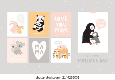 Cartas de estilo dibujadas a mano en el Día de la Madre. afiches con personajes animales lindos - madre y bebé - panda, oso, koala, pereza, pingüino y conejo.  Ilustración vectorial.